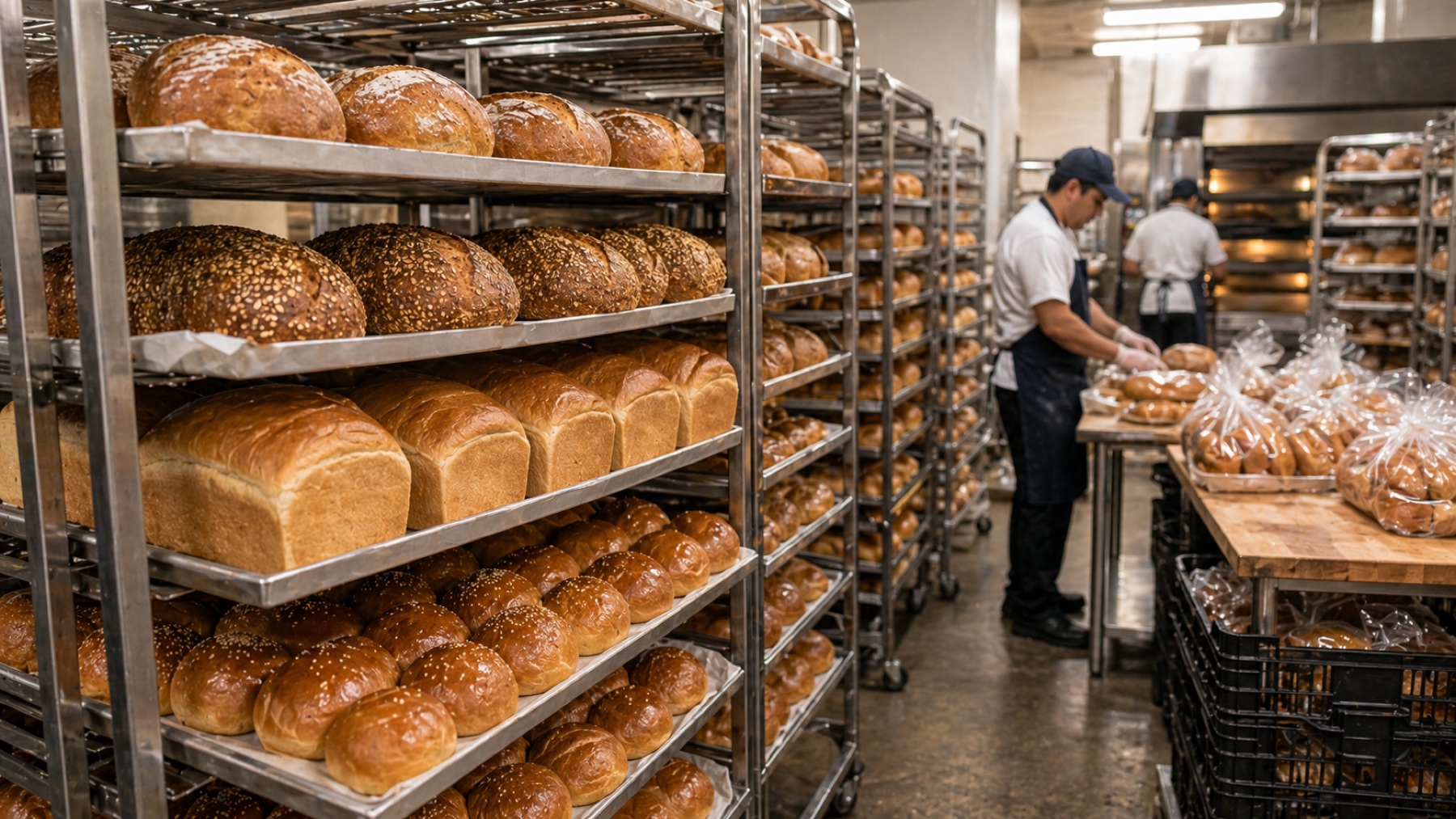 Wholesale bakery racks filled with fresh loaves and buns
