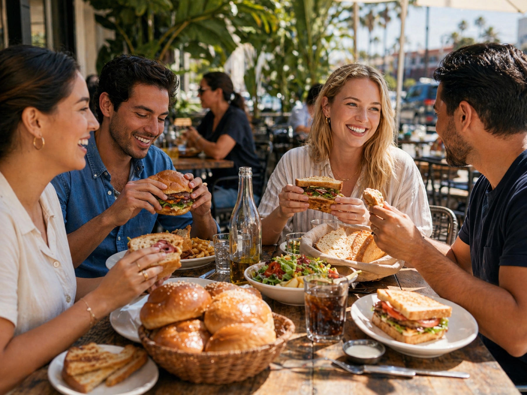 Restaurant guests enjoying burgers and sandwiches on fresh bread
