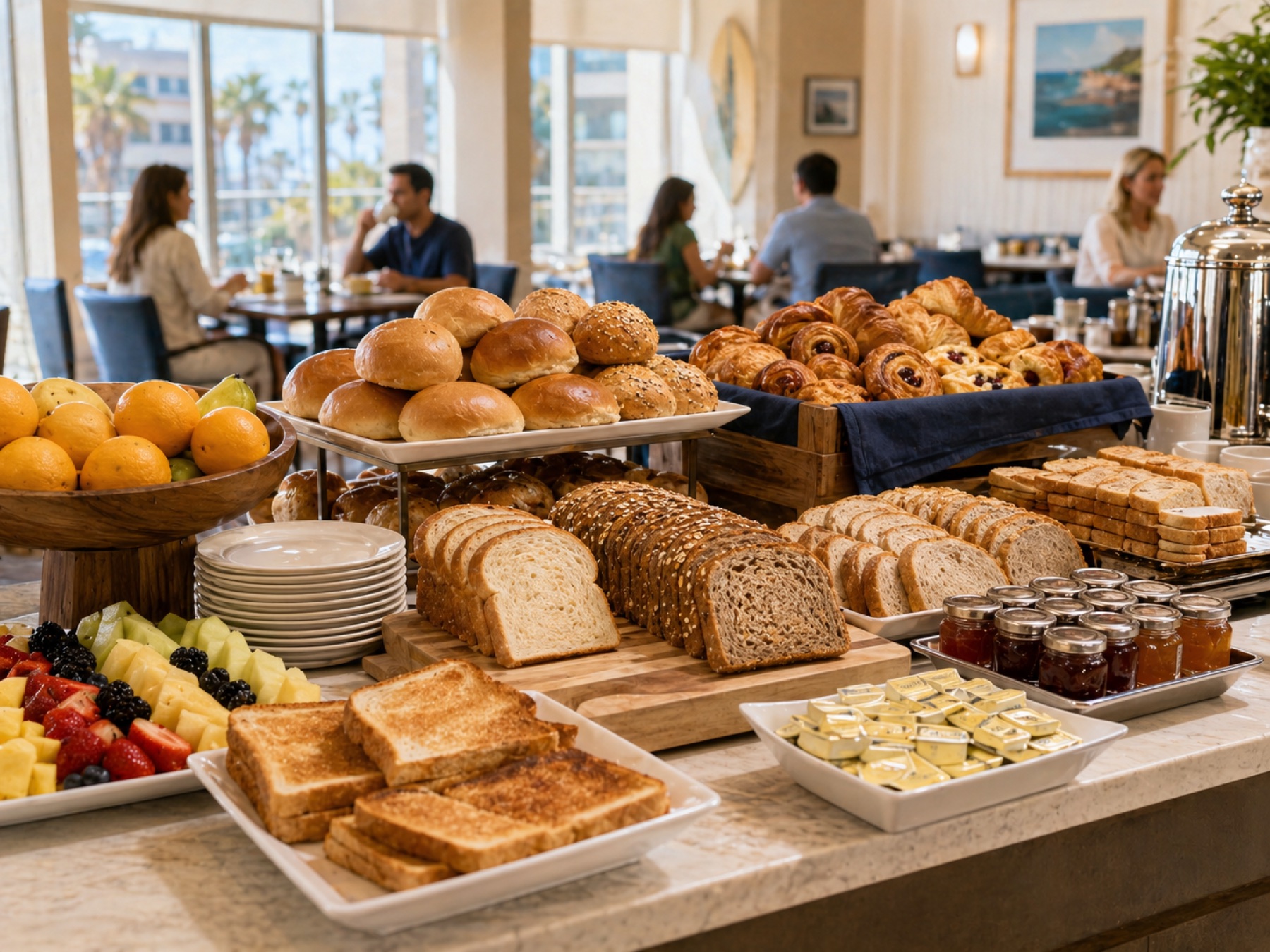 Hotel breakfast buffet with fresh toast and rolls