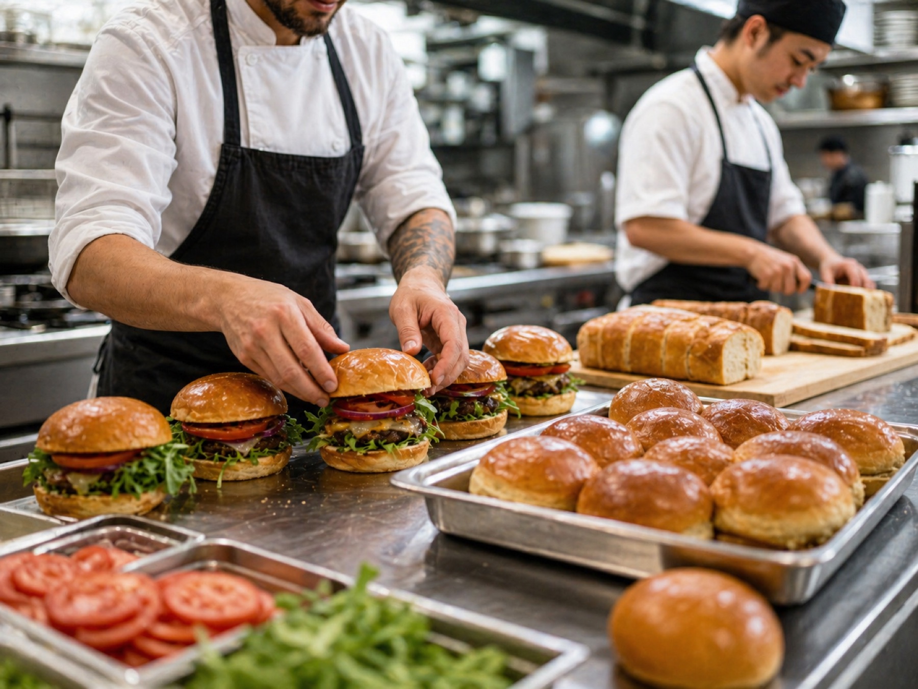 Restaurant kitchen assembling burgers with fresh brioche buns